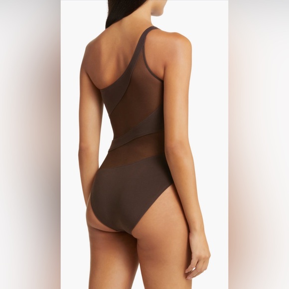 Norma Kamali Snake Mesh One-Shoulder Swimsuit,Chocolate/Chocolate Mesh, L, $245 - Picture 3 of 11